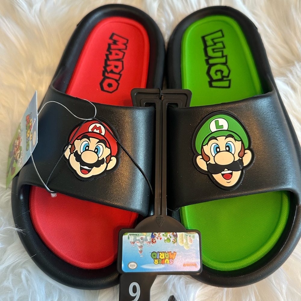 NWT Nintendo Kids' Mario & Luigi Black Slide Sandals - Red & Green various sizes